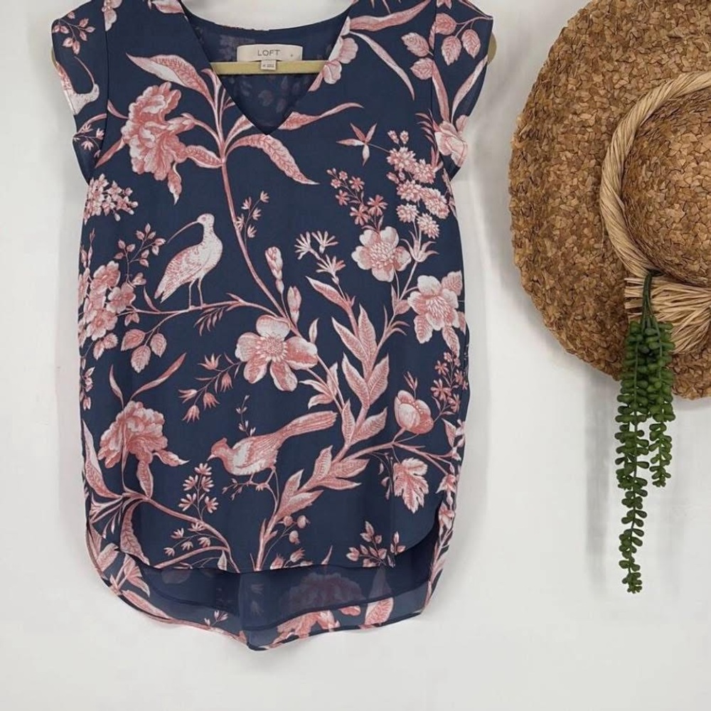 LOFT Navy and Pink Floral Blouse